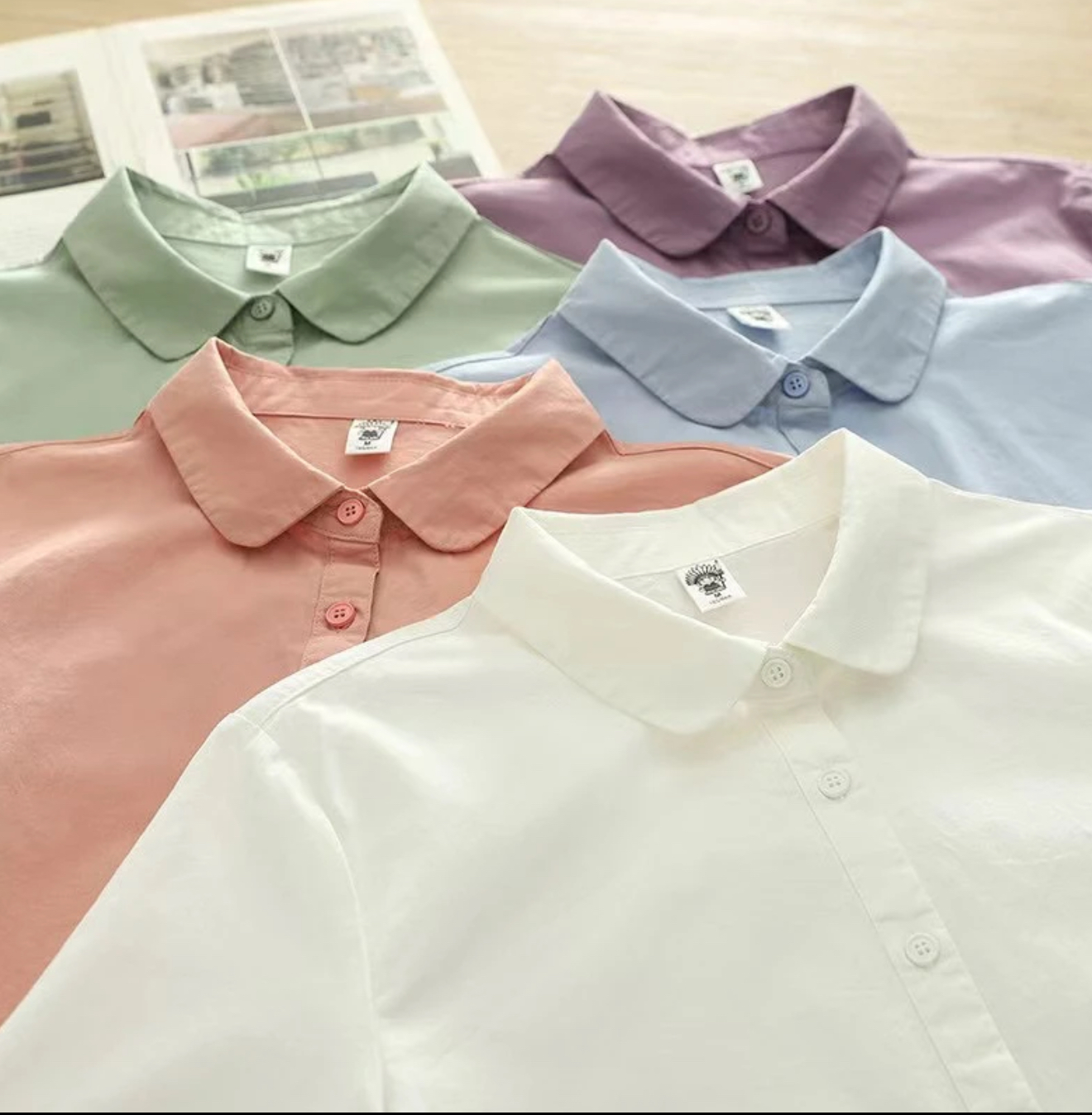 纯色春季新款衬衫女长袖上衣时尚休闲打底简约百搭白色娃娃领衬衣