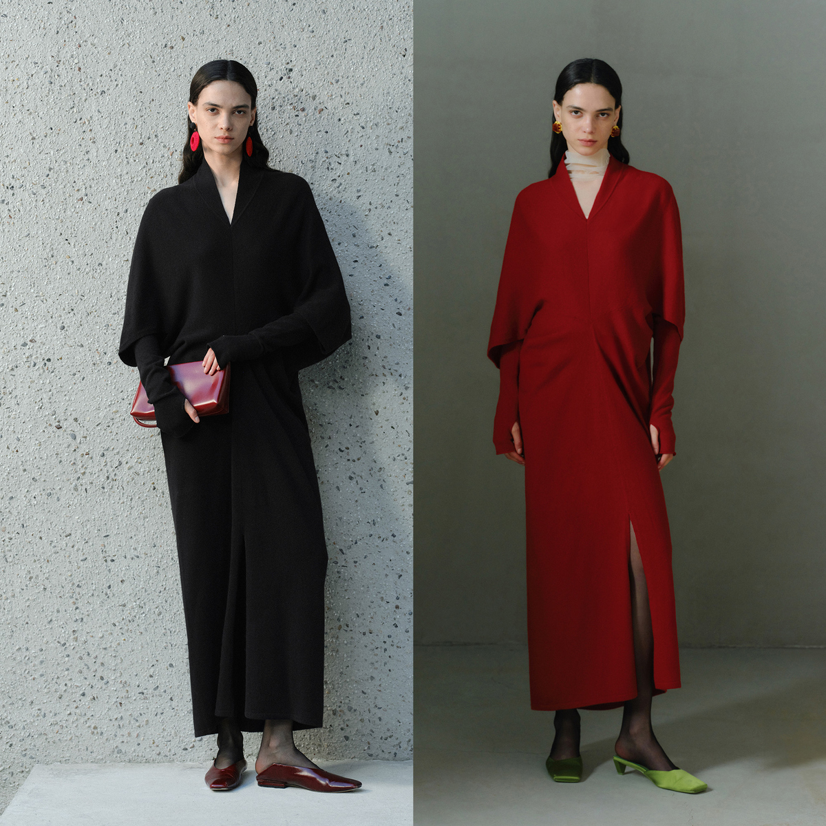 LYNEE【云汐】纯羊毛针织 中式氛围感蝙蝠袖复古红色长裙LGD2FAK158