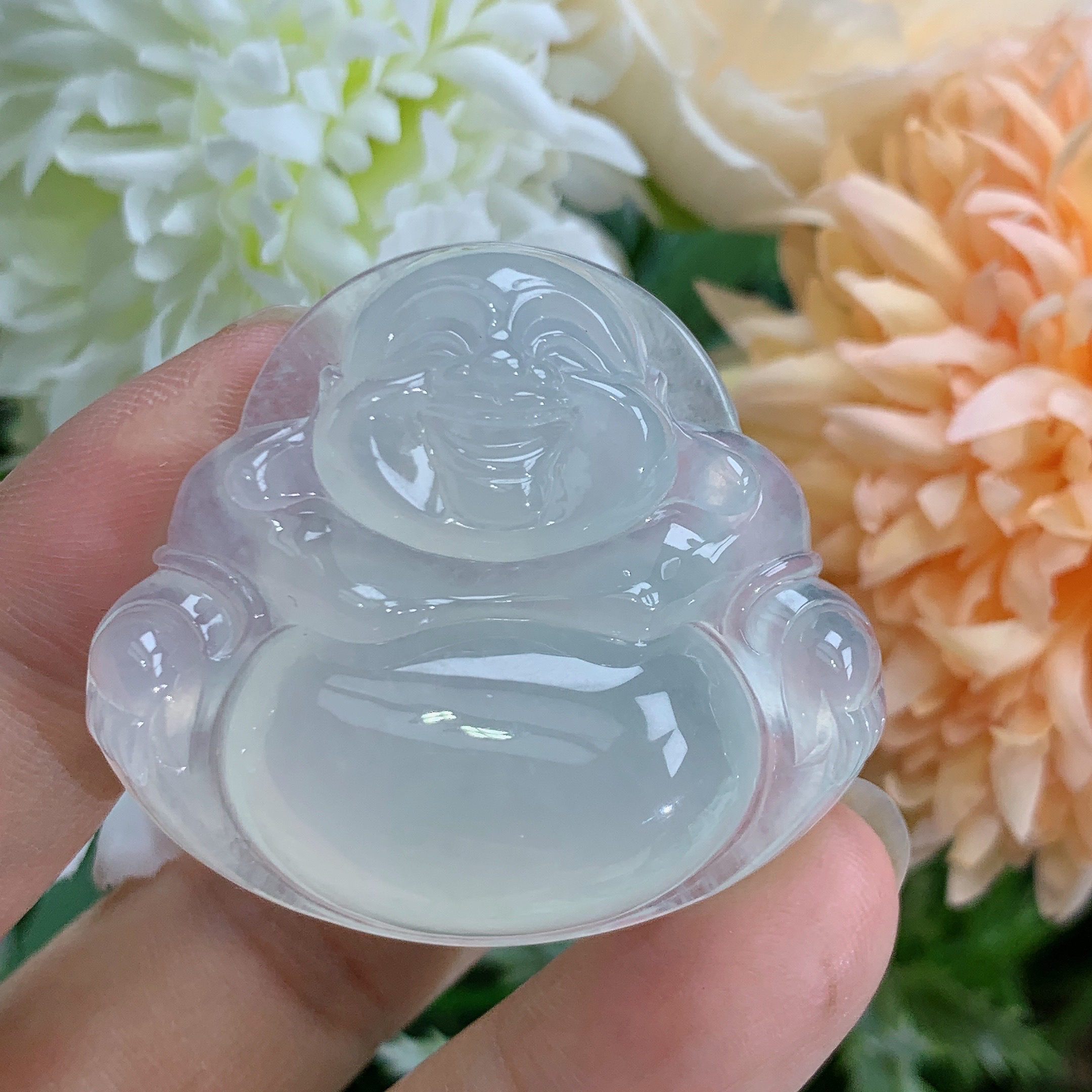 缅甸天然翡翠A货冰种起胶饱满白冰大佛公吊坠大尺寸37×41.9×10.4m