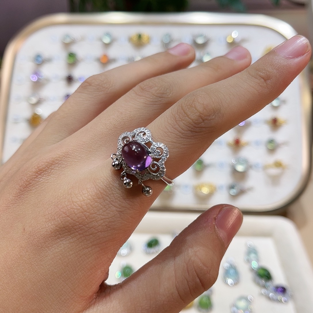 蛇纹石玉戒指银S925镶嵌戒指