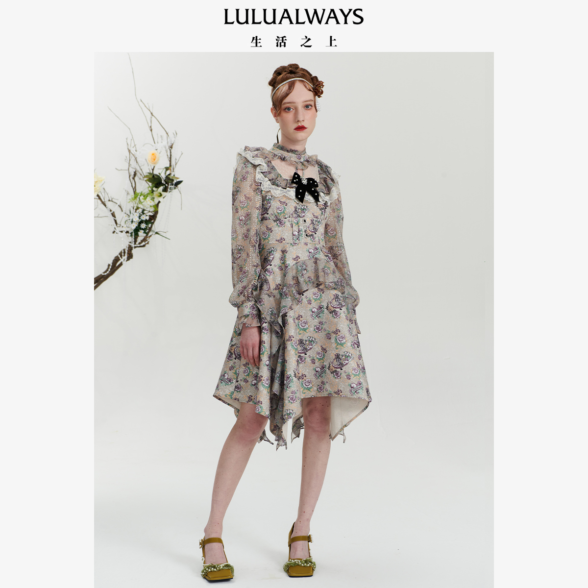 LULUALWAYS23春季宫廷风拼接网纱女装连衣裙LOA502K