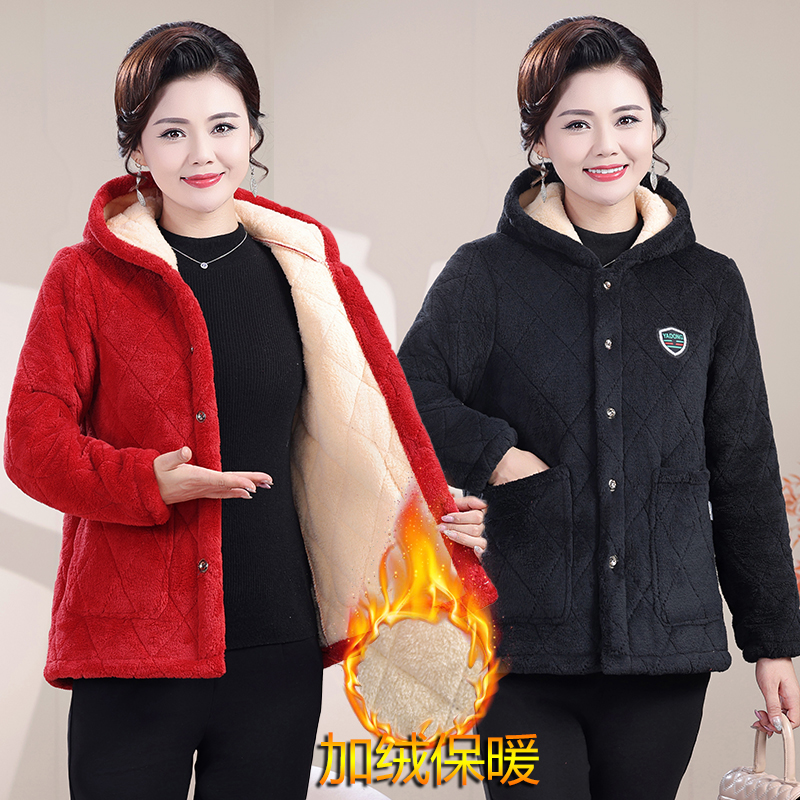 冬季加绒加厚棉袄妈妈装中老年短款棉服罩衣保暖宽松外套女