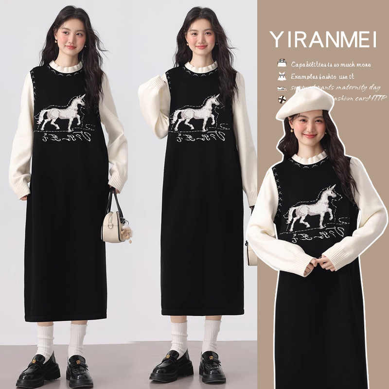 「嗒嗒」2025新款秋冬时尚洋气独角兽小马减龄孕妇连衣裙小个子