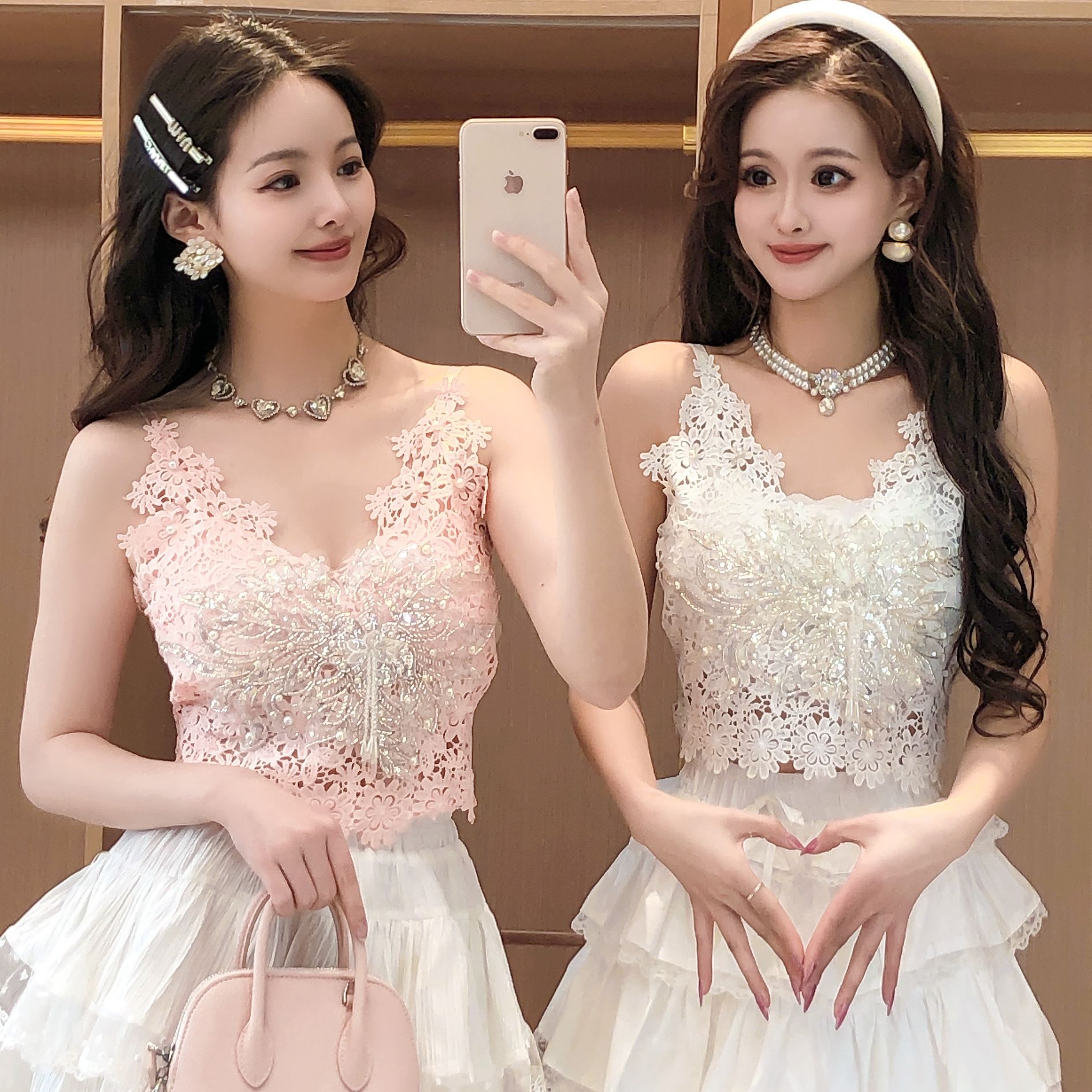 艾日秀温柔甜美时尚重工亮片水钻流苏蕾丝吊带背心 E8597