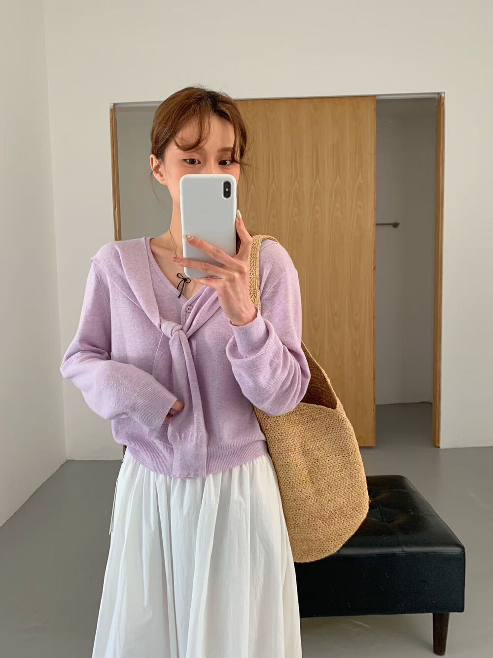 早春新款怒推款开衫简约V领假两件披肩针织开衫（含6%羊毛）