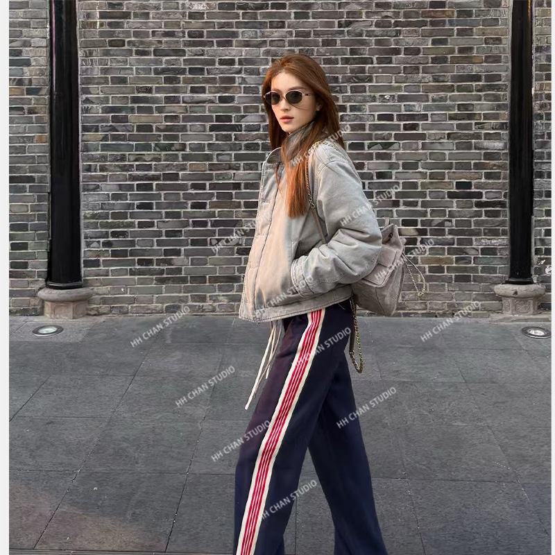 HH.CHAN“单恋高校”藏青撞色红条抽绳休闲直筒卫裤HH55S41920-KK