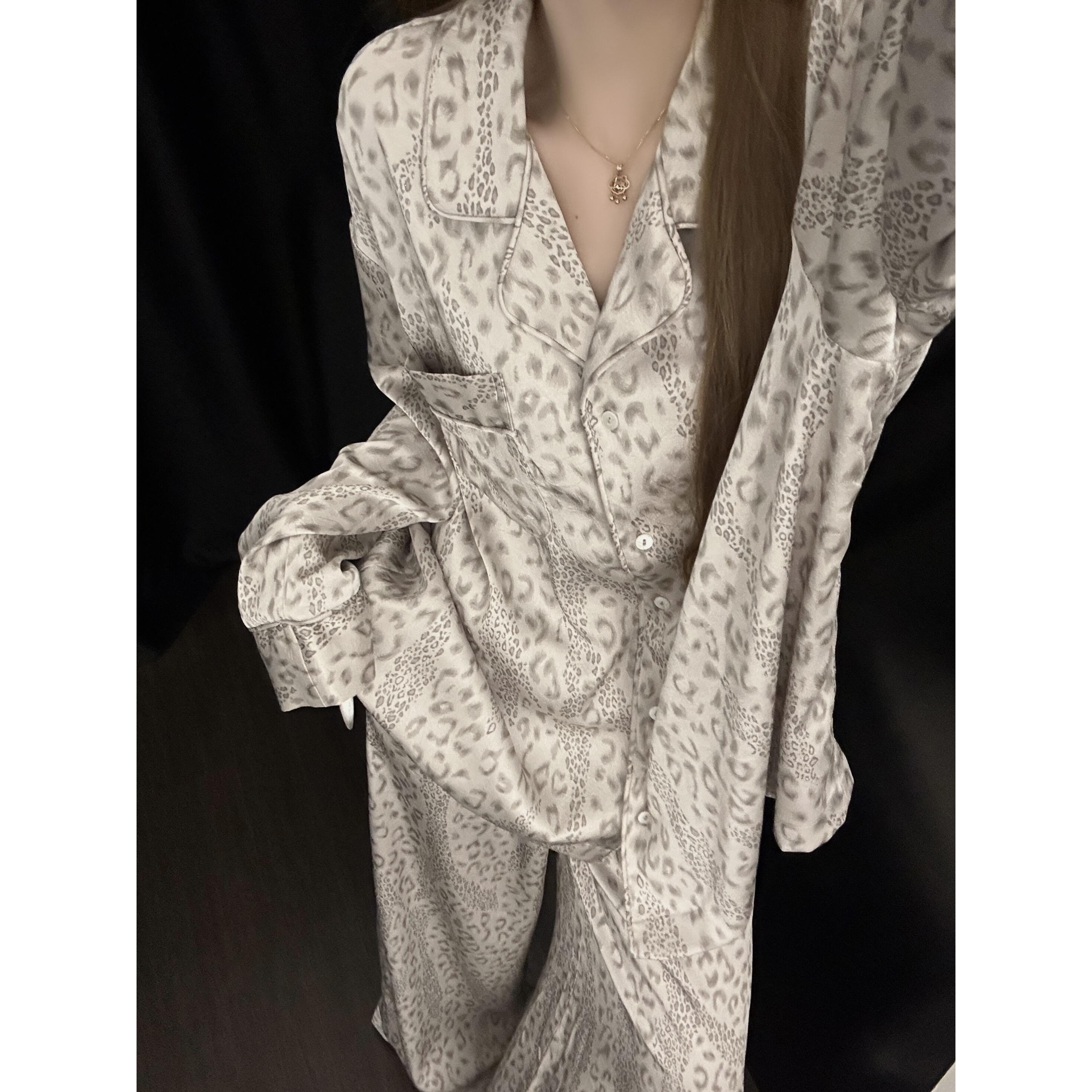 大码睡衣女法式高级感时尚豹纹冰丝绸春秋新款长袖长裤家居服套装