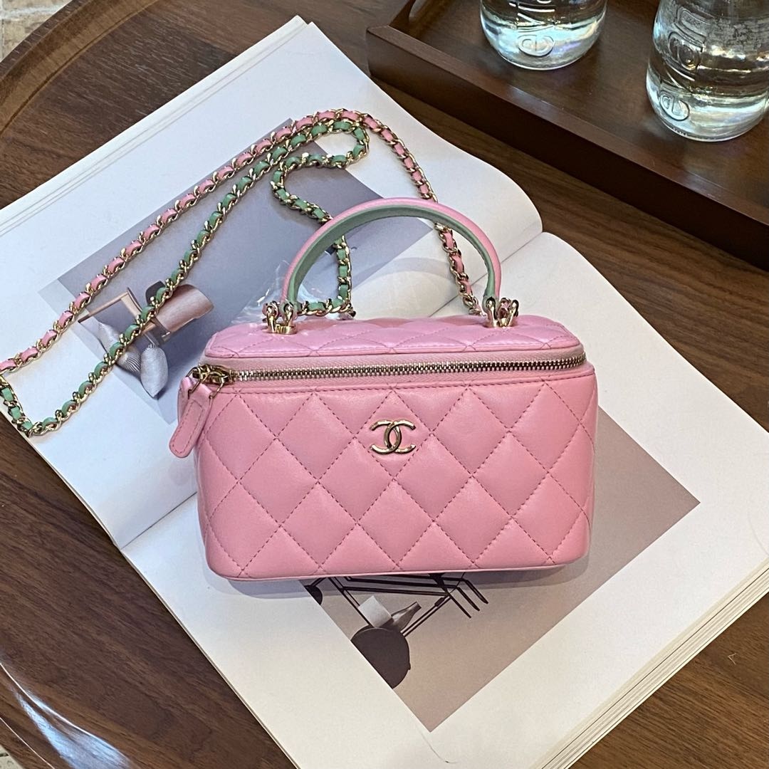 95新 Chanel/香奈儿 23p樱花粉拼汽泡绿手柄长盒子 98新 17821980