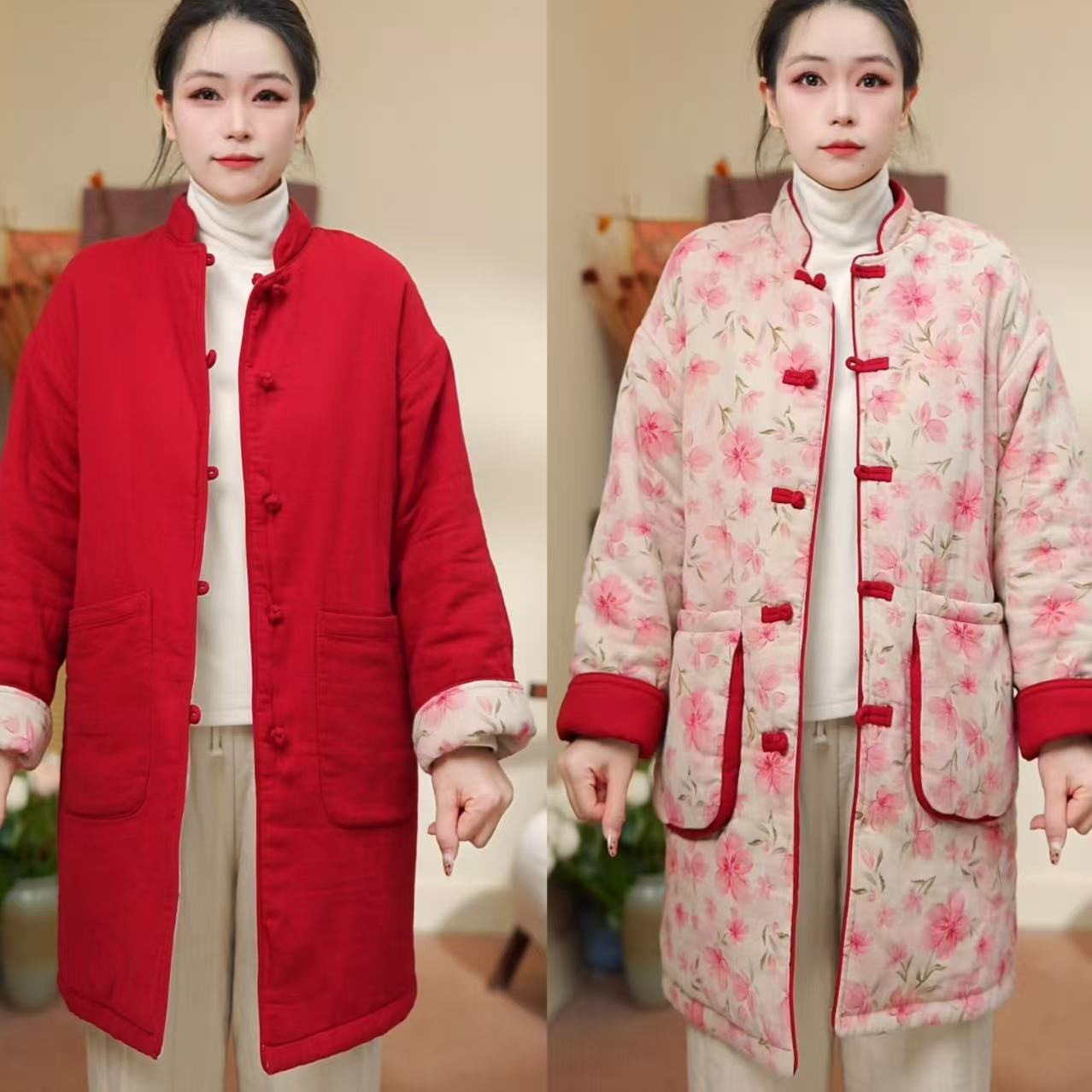《花相忆》冬上新中长款保暖棉衣复古印花双面双穿对襟棉服外套