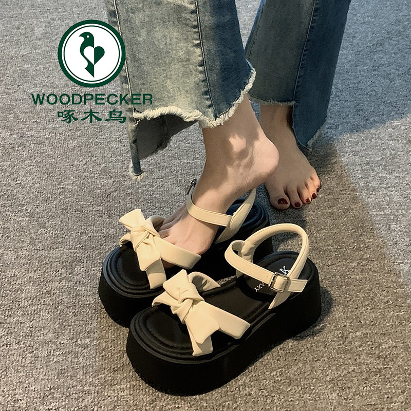 啄木鸟蝴蝶结厚底凉鞋女夏外穿复古仙女风配裙子小个子增高罗马鞋