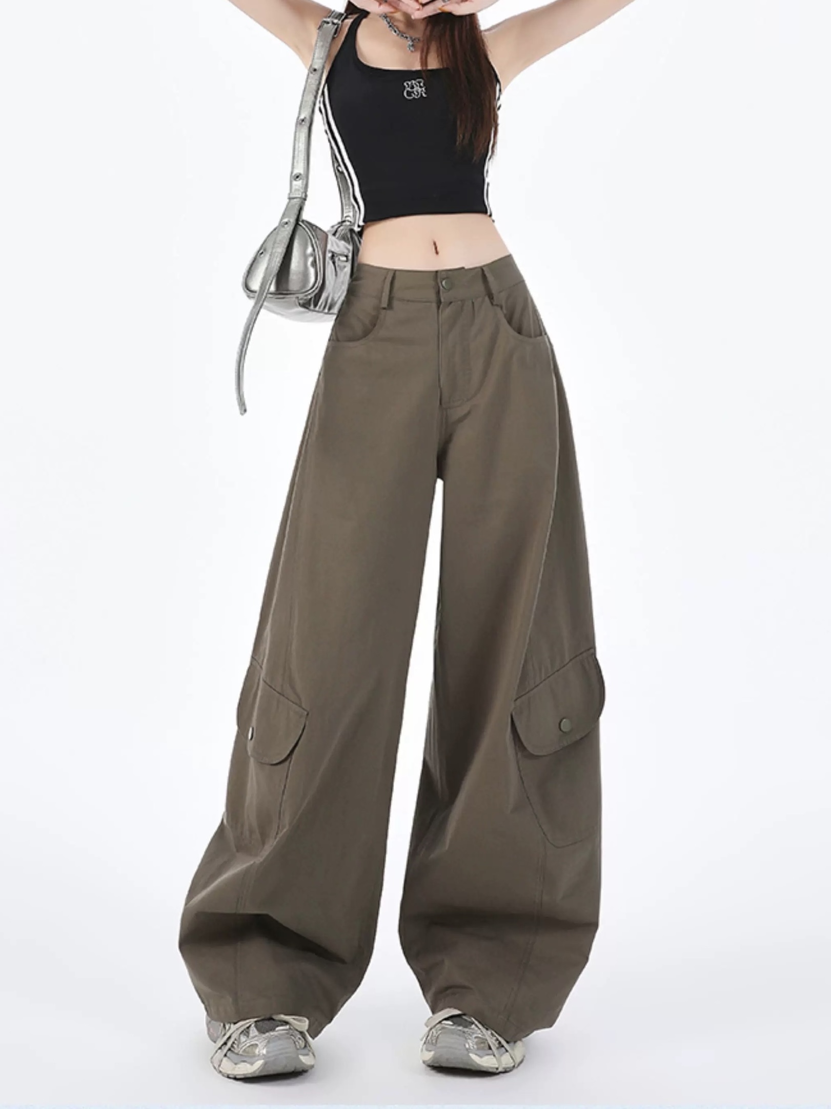 【48H】设计感美式复古弯刀裤子女宽松口袋阔腿工装裤休闲裤AM25918