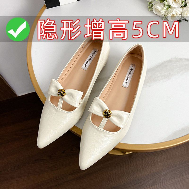 隐形内增高5cm山茶花蝴蝶结小个子玛丽珍鞋浅口尖头平底小码单鞋