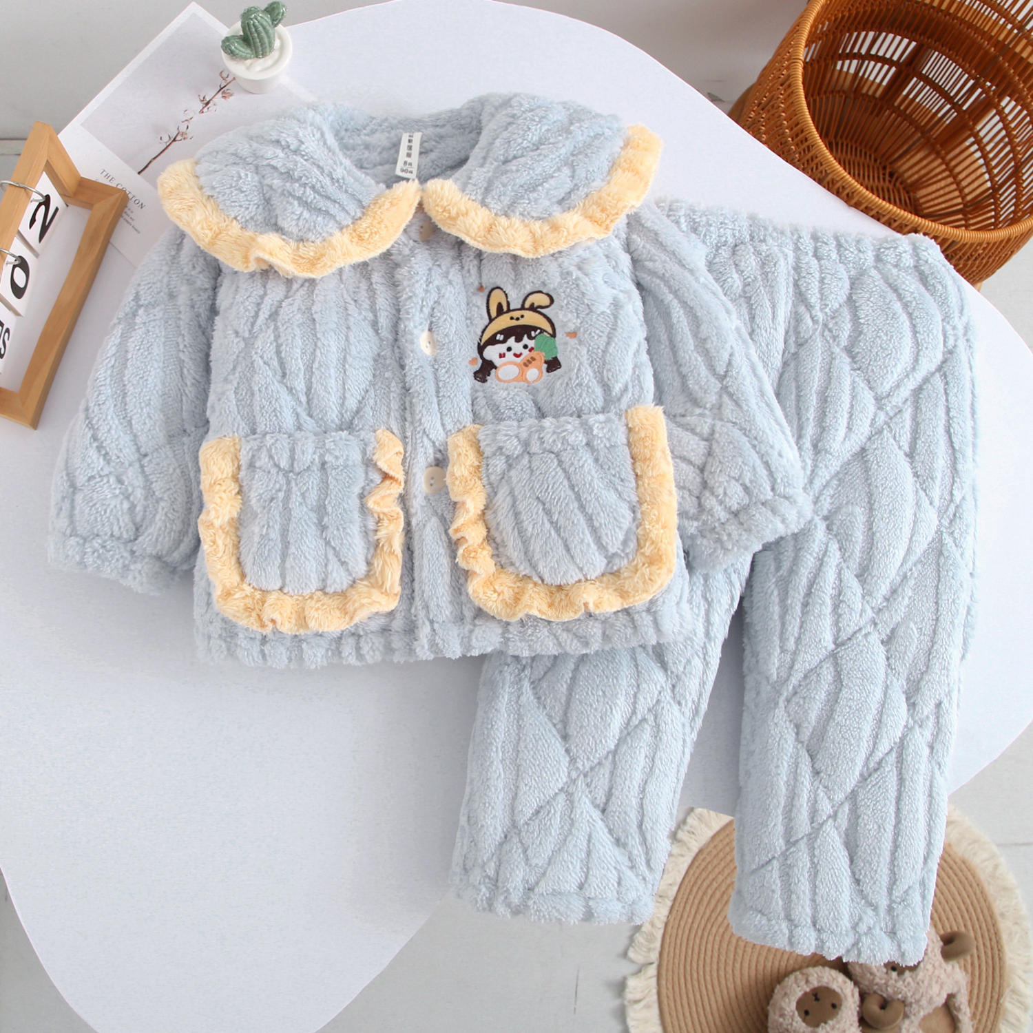 冬季儿童三层夹绵睡衣女童甜美风小中大童公主风小女孩家居服套装