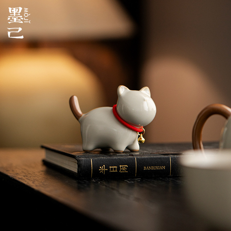 墨己仿汝精品可养家用茶宠创意摆件小猫咪可爱摆件陶瓷茶道茶玩
