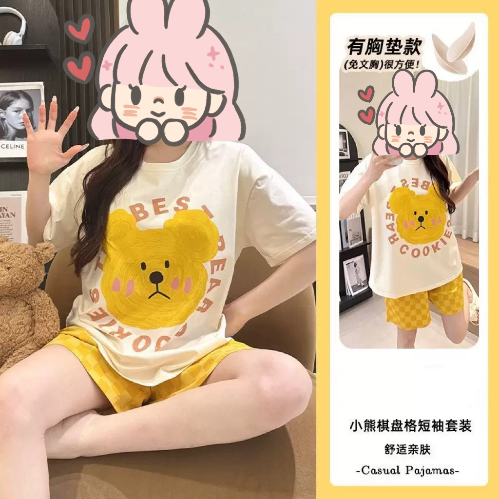 带胸垫云朵棉夏季睡衣女士短袖短裤可外穿家居服3061