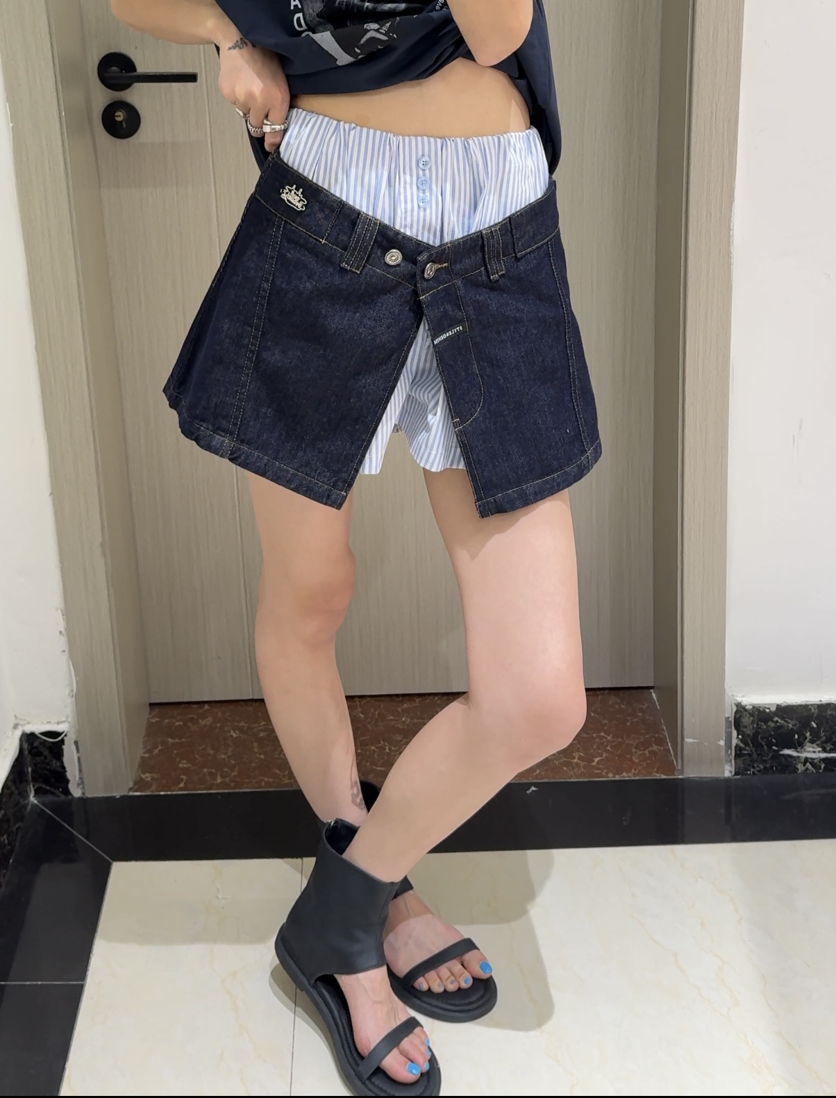 【SSOUHAN】爱时尚 欧版牛仔腰封➕条纹短裤两件套小众设计