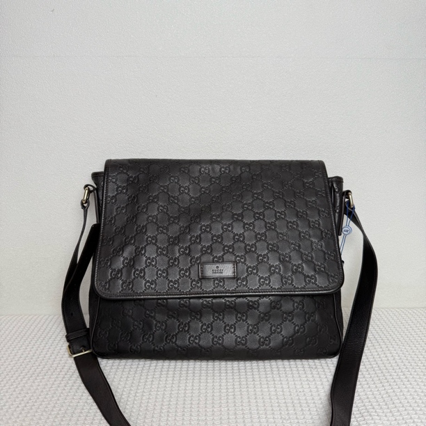 95新 GUCCI/古驰 5824/男士时尚深棕色真皮压纹邮差包