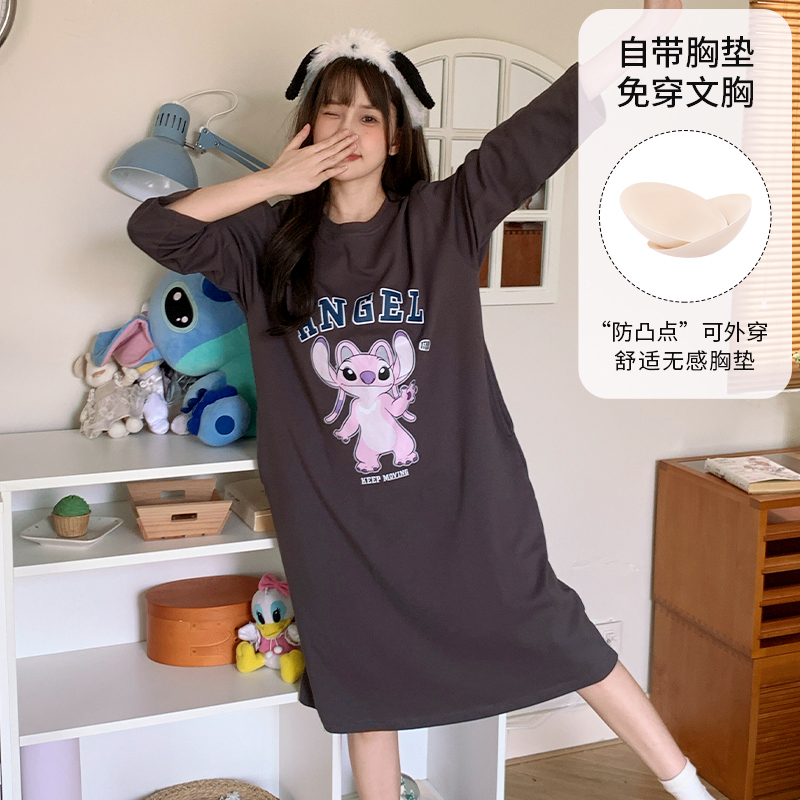 Disney/迪士尼春秋新款套头长袖带胸垫睡衣女宽松休闲家居服0156