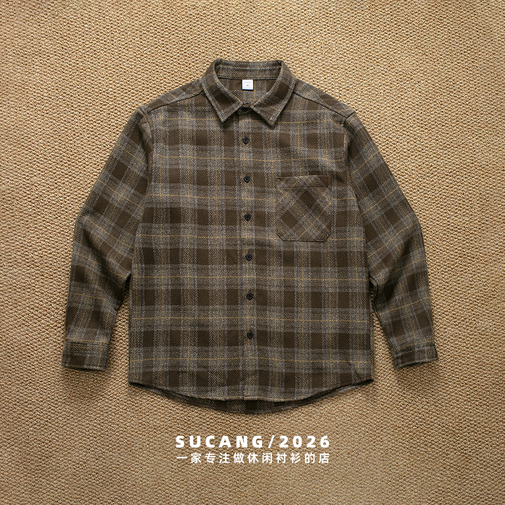 秋季男士长袖衬衫复古美式休闲格纹衬衣百搭宽松厚款毛呢衬衫外套