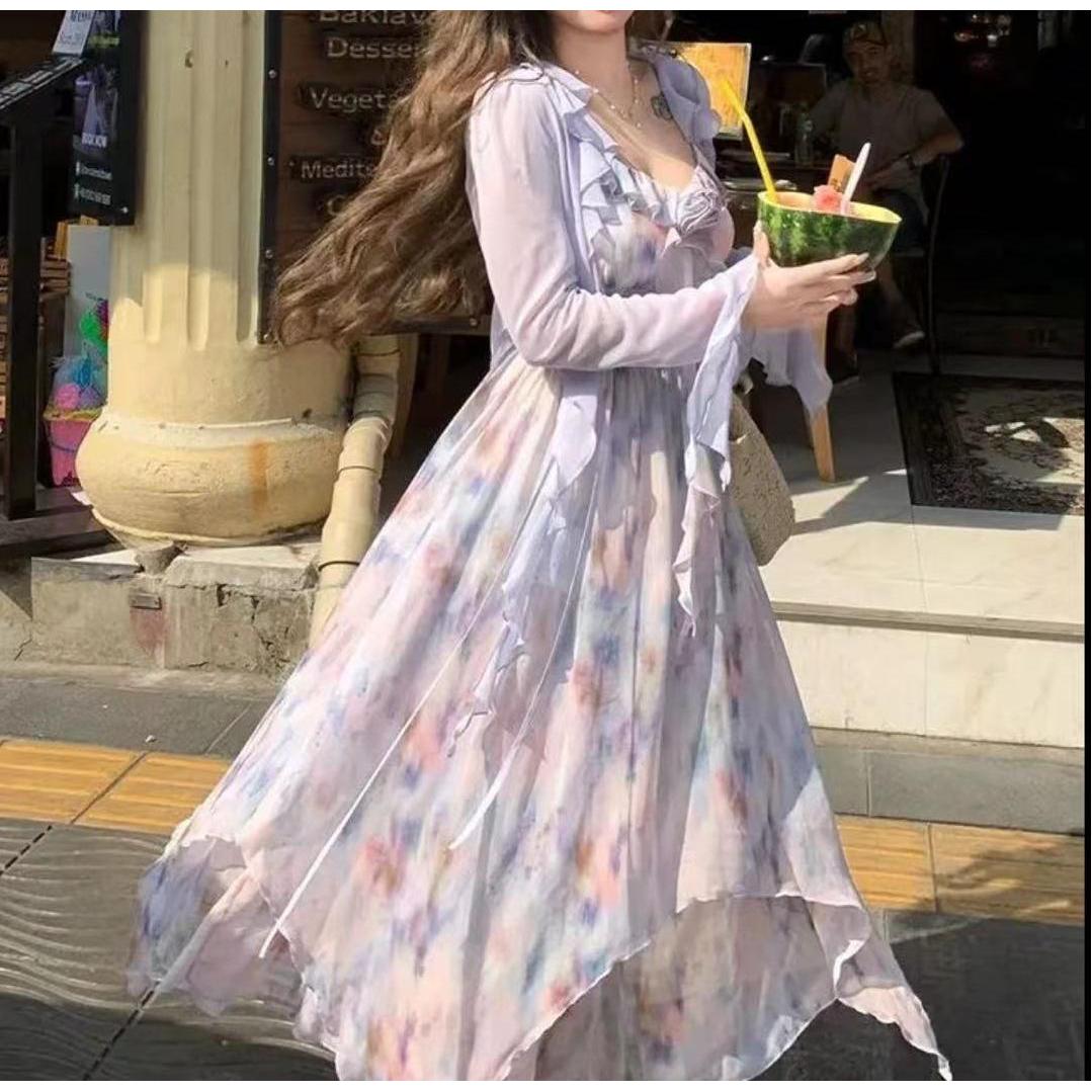 霏儿 氛围感油画碎花雪纺裙外披6302