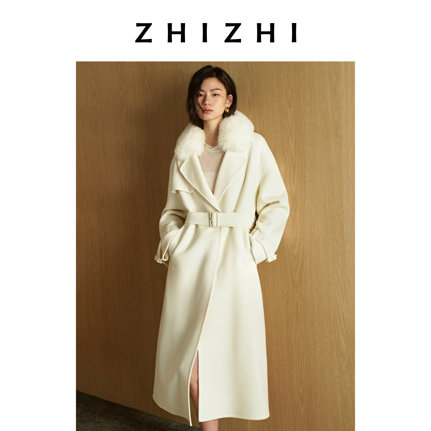 致知 庆金枝 狐狸毛领系带收腰立绒千金感毛呢大衣ZZ2FSWWZ018