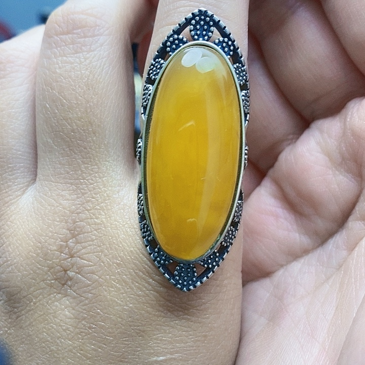 琥珀裸石银S925镶嵌戒指