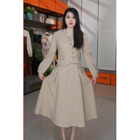 A005#高级暗纹提花气质假俩件礼服裙2025秋季新款高档女装裙子