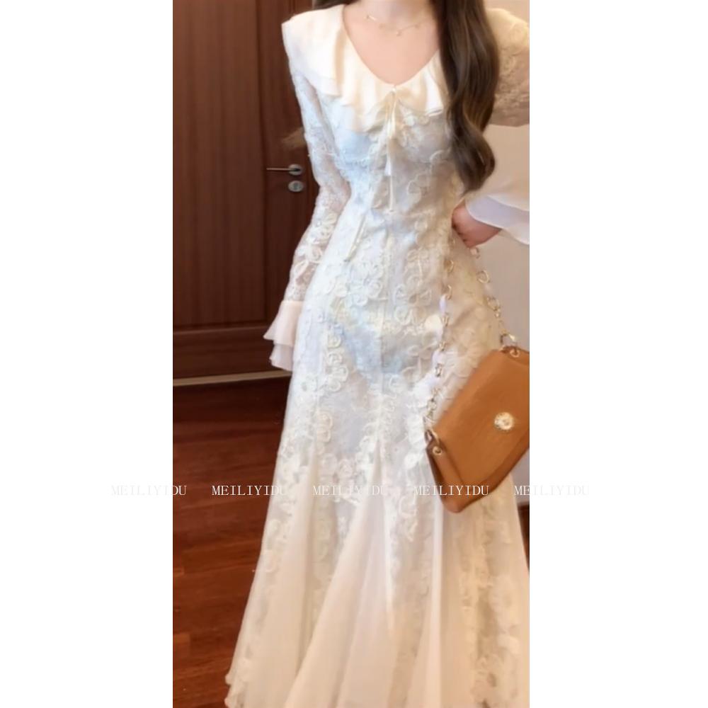 鱼尾裙早秋小个子穿搭连衣裙2025年秋冬新款入秋长裙白色裙子女装