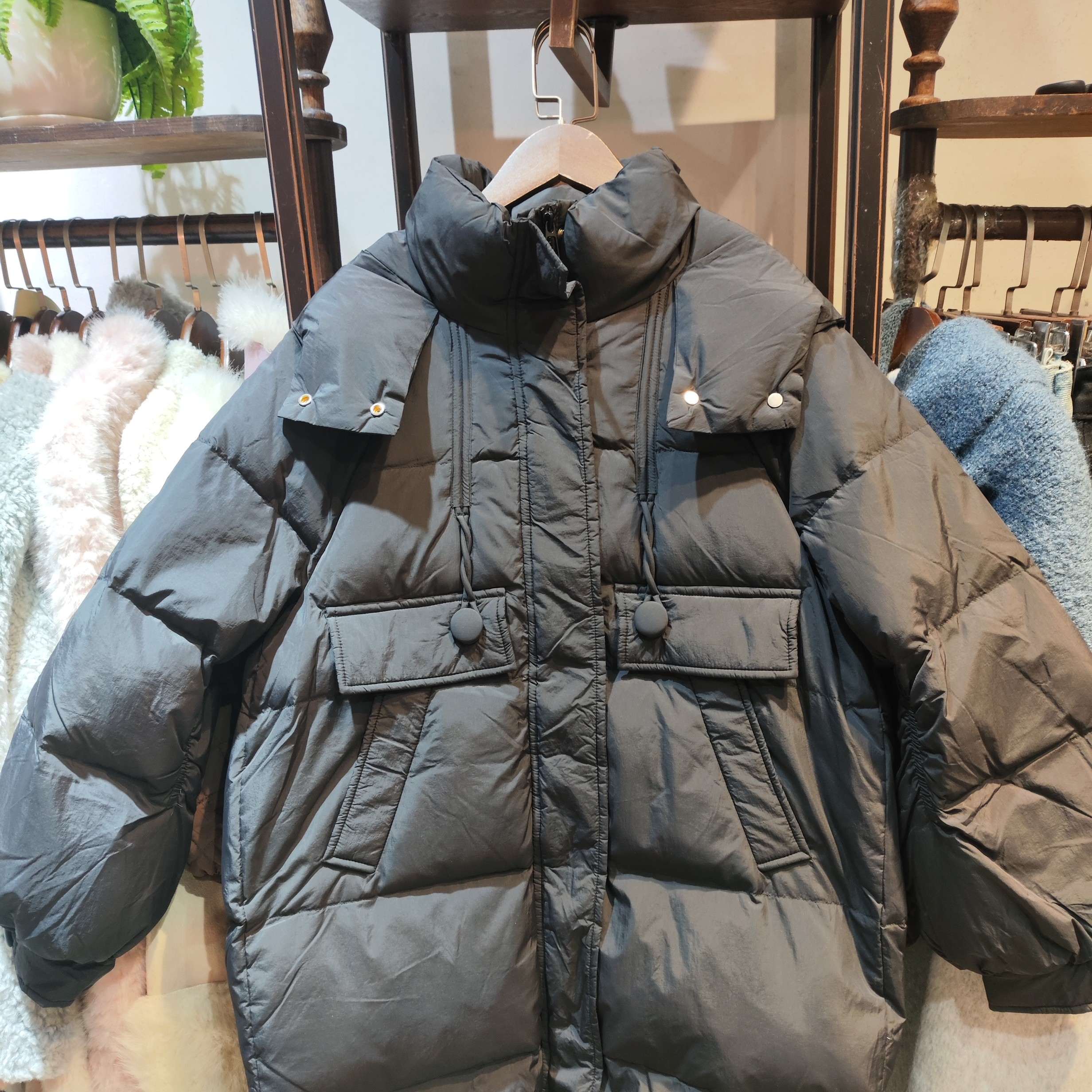 女装中长款韩版宽松连帽收腰绳白鸭绒外套新款冬季保暖