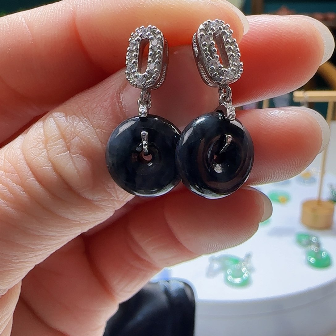 翡翠耳饰银S925镶嵌天然缅甸a货翡翠