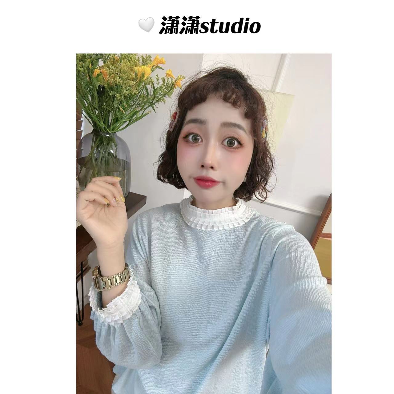 【名媛范小T】潇潇自制捏褶领捏褶袖口正肩泡泡袖韩系百搭T恤XM1078