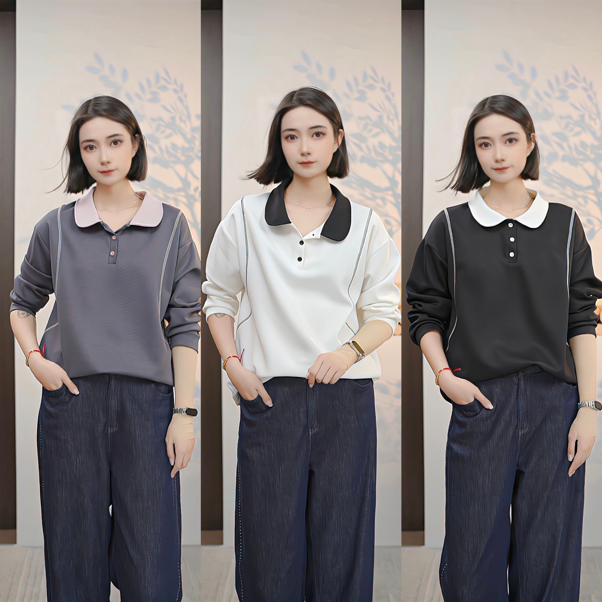 胖mm秋季新款翻领撞色宽松长袖洋气时尚休闲显瘦百搭大码女装