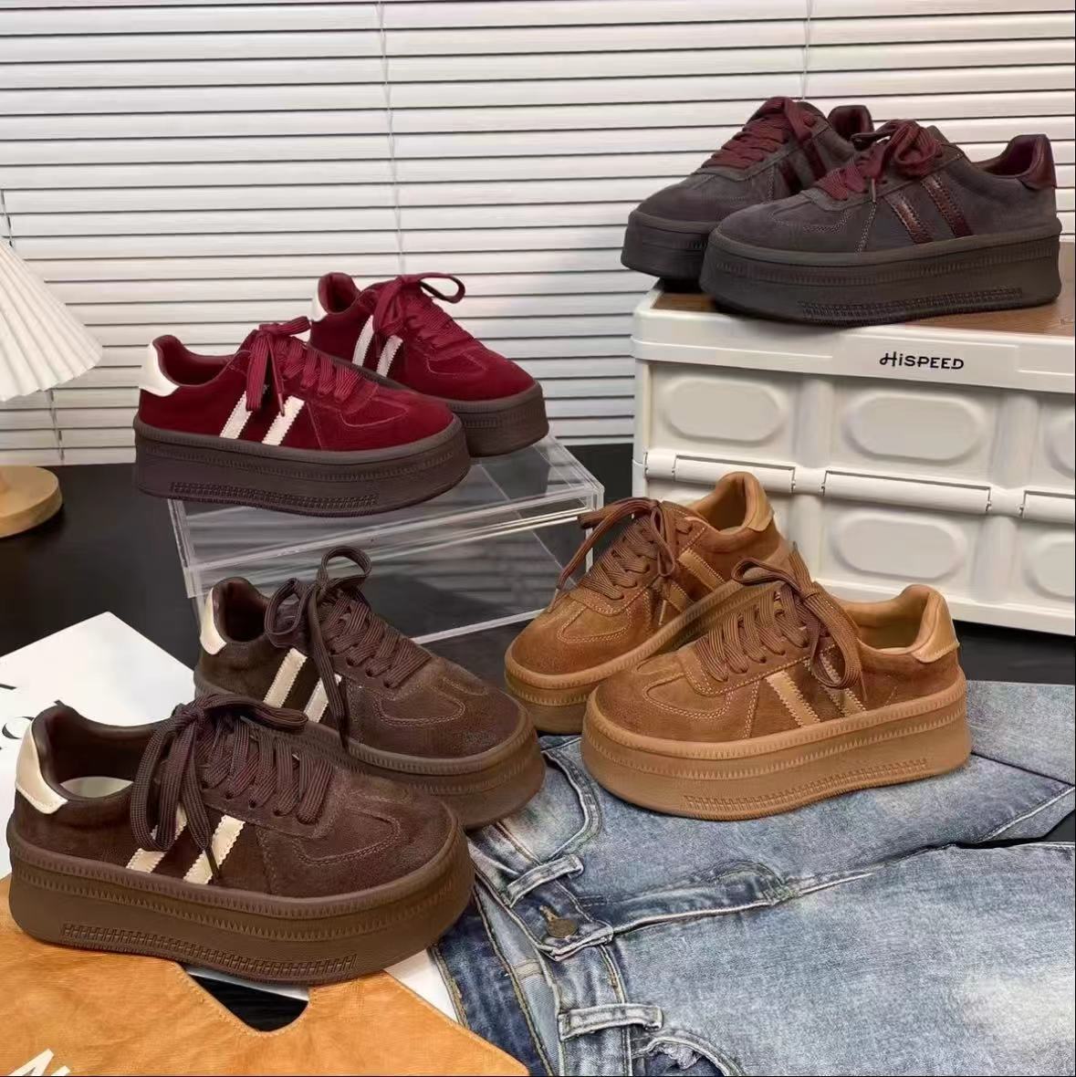 安哥拉红秋冬新款拼色复古德训鞋女磨砂真皮松糕休闲运动厚底板鞋