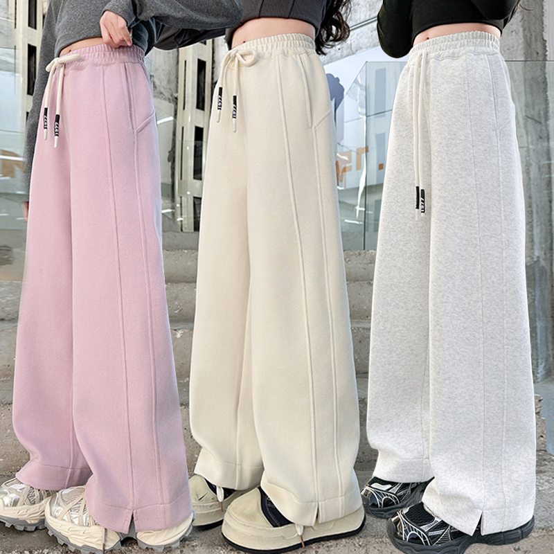 女童裤子加绒秋冬款2025新款一体绒运动裤大童女孩春秋直筒阔腿裤