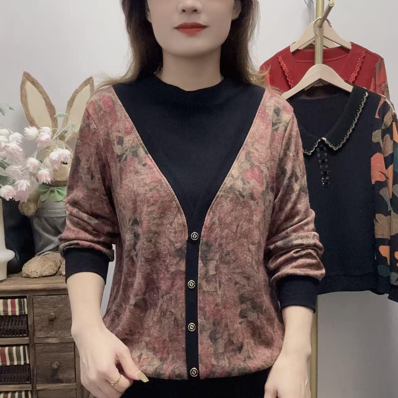 【丽姐家】秋季新款妈妈装中老年女装长袖假两件常规款圆领