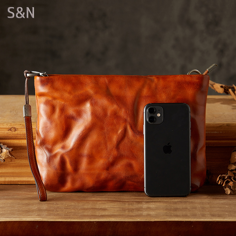 手工植鞣牛皮手包男复古休闲大容量单肩斜挎包头层牛皮商务手机包