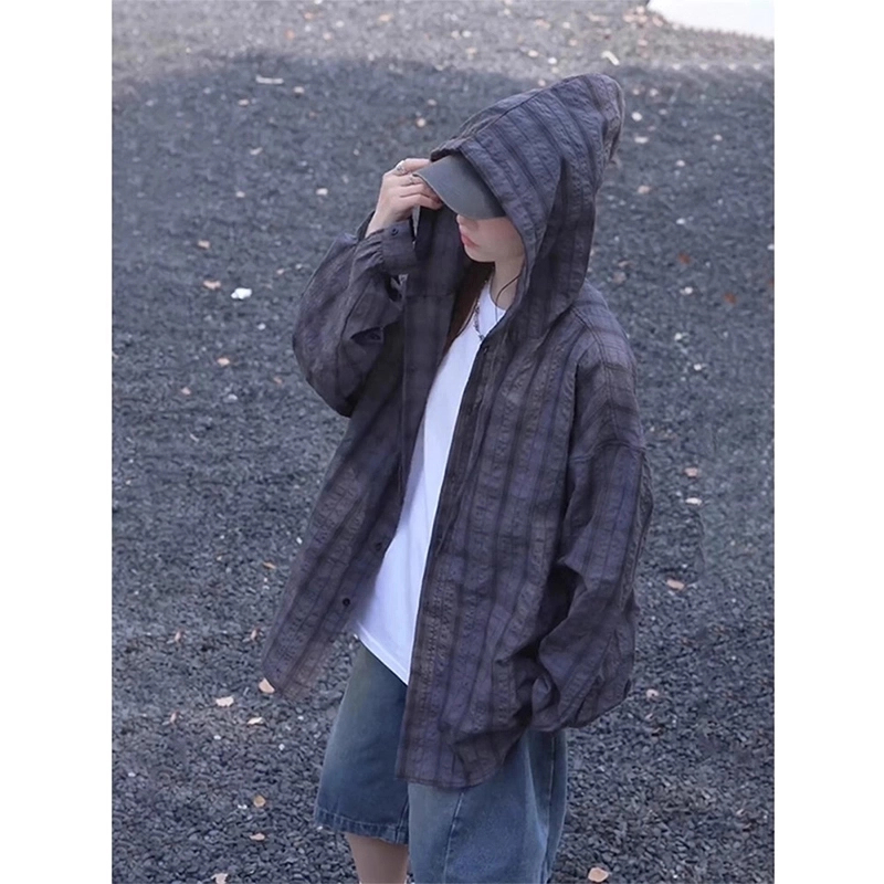 连帽格子长袖衬衫男女潮牌宽松衬衣防晒外套美式复古休闲夏季