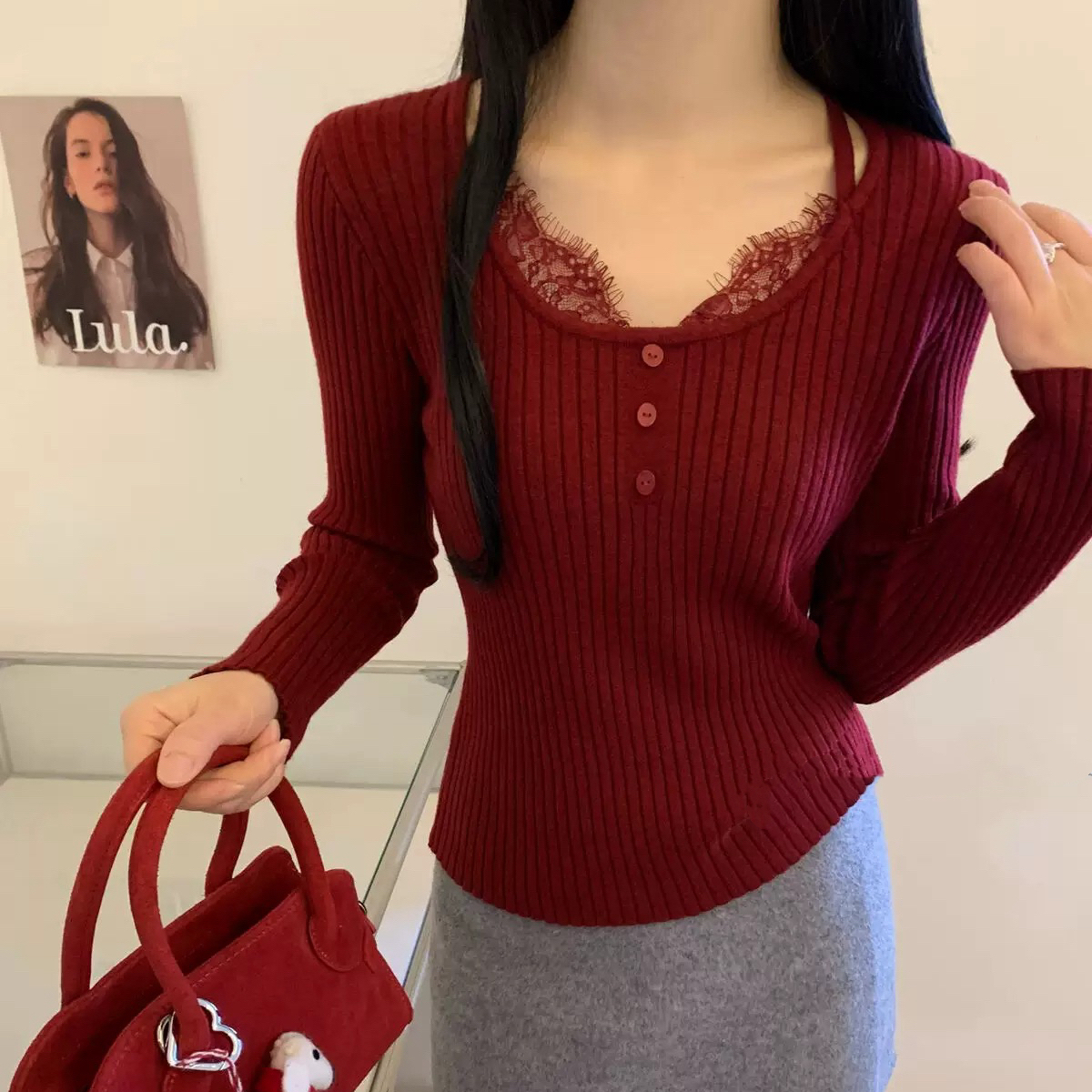 冬季韩系纯欲蕾丝边拼接修身打底针织衫女气质修身显瘦长袖上衣