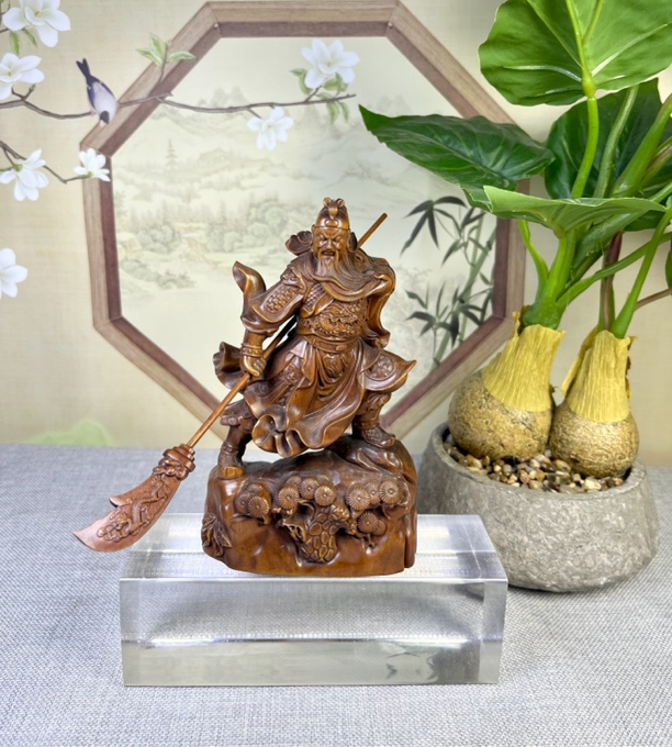 小叶黄杨木仿古做旧（忠义关公）摆件高度15口径9招财进宝木雕工艺