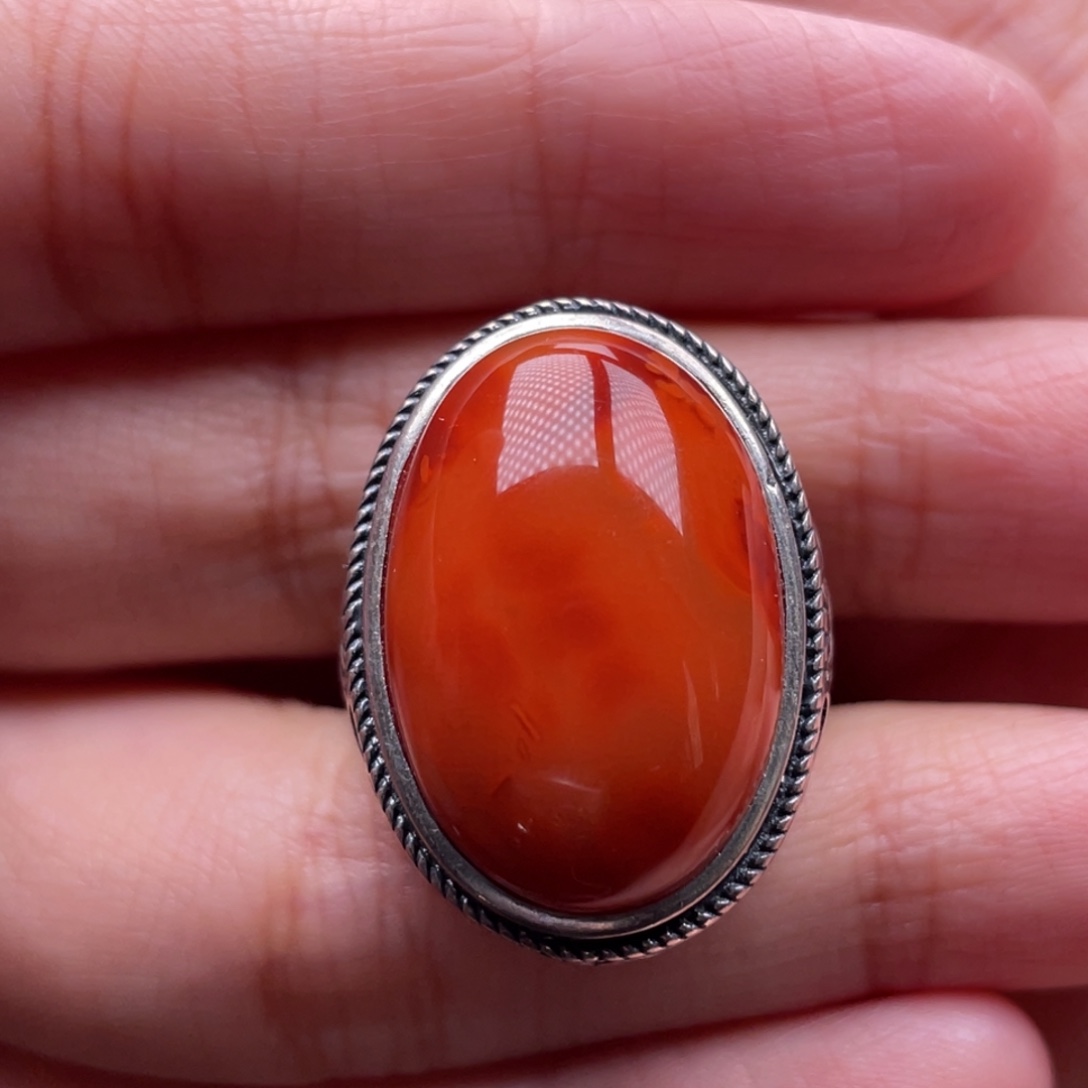 南红玛瑙银S925镶嵌珠宝奇石戒指