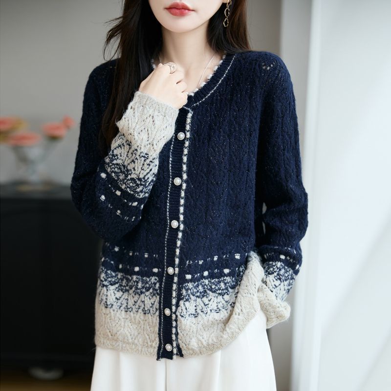 正品撤柜羊毛衫渐变色满天星针织开衫秋冬新款小香风毛衣外套上衣