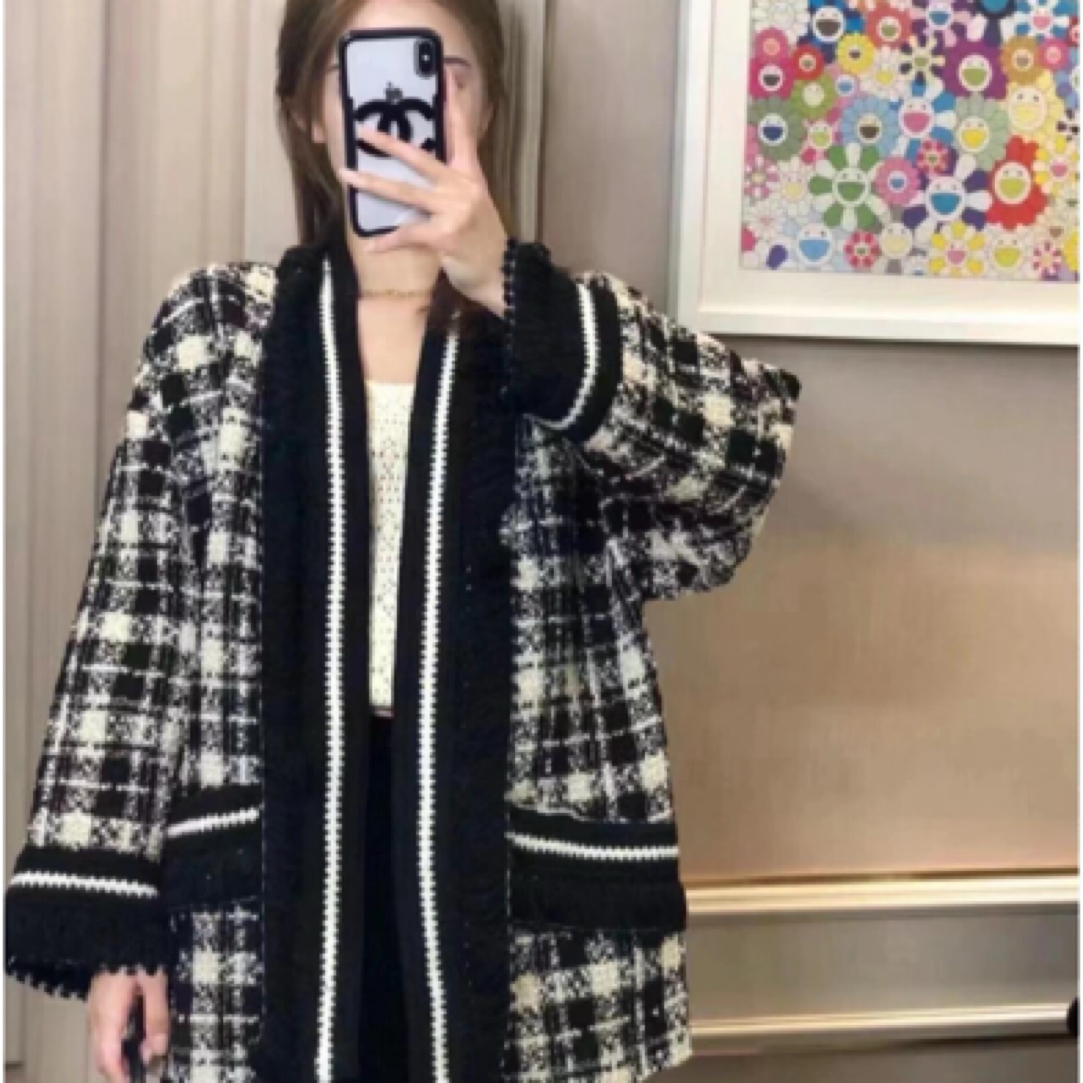 99新 GUCCI/古驰 001070 格纹花呢羊毛衫针织衫黑白色38码