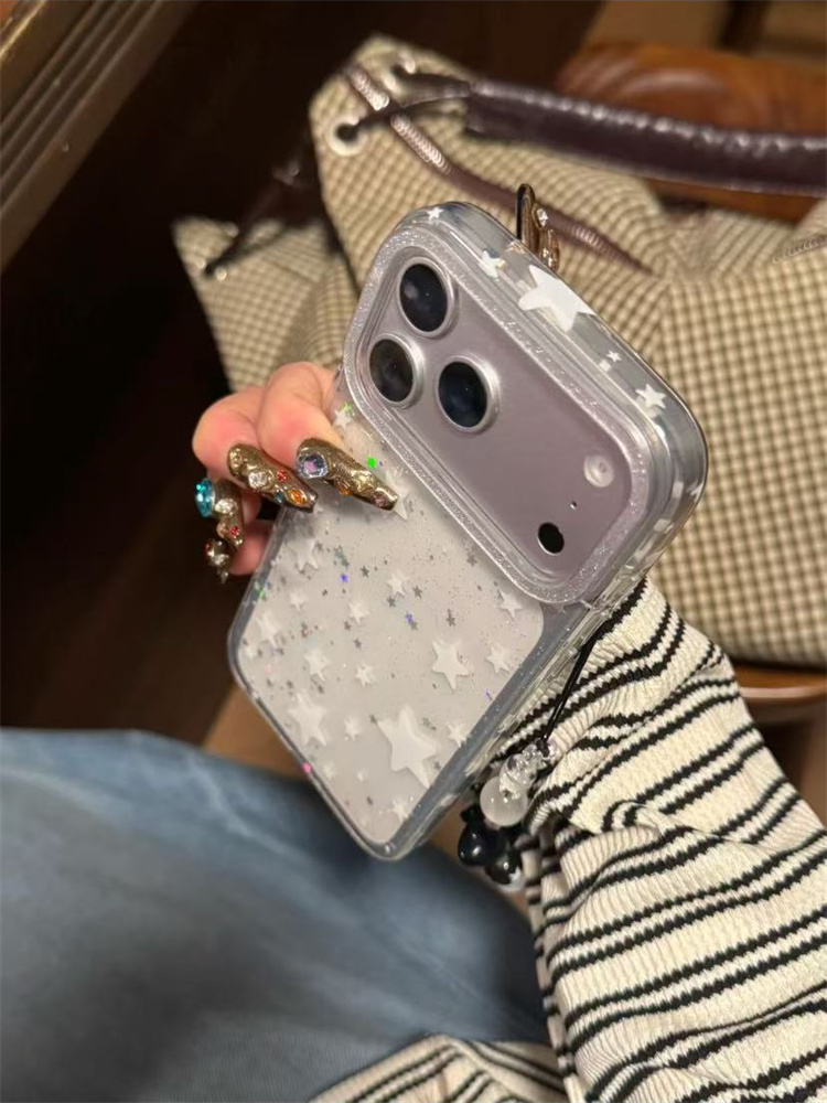 简约透明镭射星星白星星链条适用iPhone17pro手机壳苹果16pro新15
