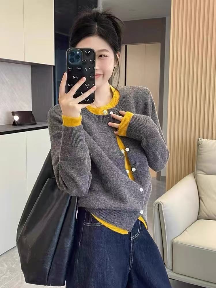 拼色假两件毛衣开衫女2024秋冬100%羊毛外套针织衫上衣5410019