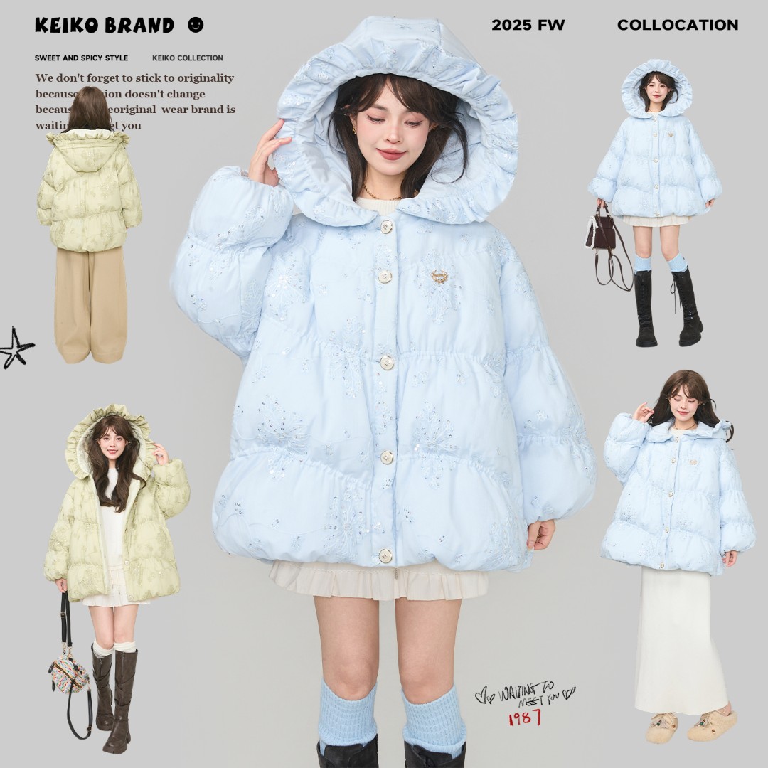 KEIKO [拼纱绣花]温柔感蓝色花形连帽棉服25冬季独特别致加厚棉袄