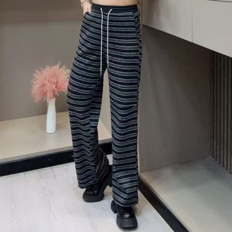冬季加绒直筒裤-千 35057 时尚潮流抽绳条纹显瘦胖MM大码女装新款