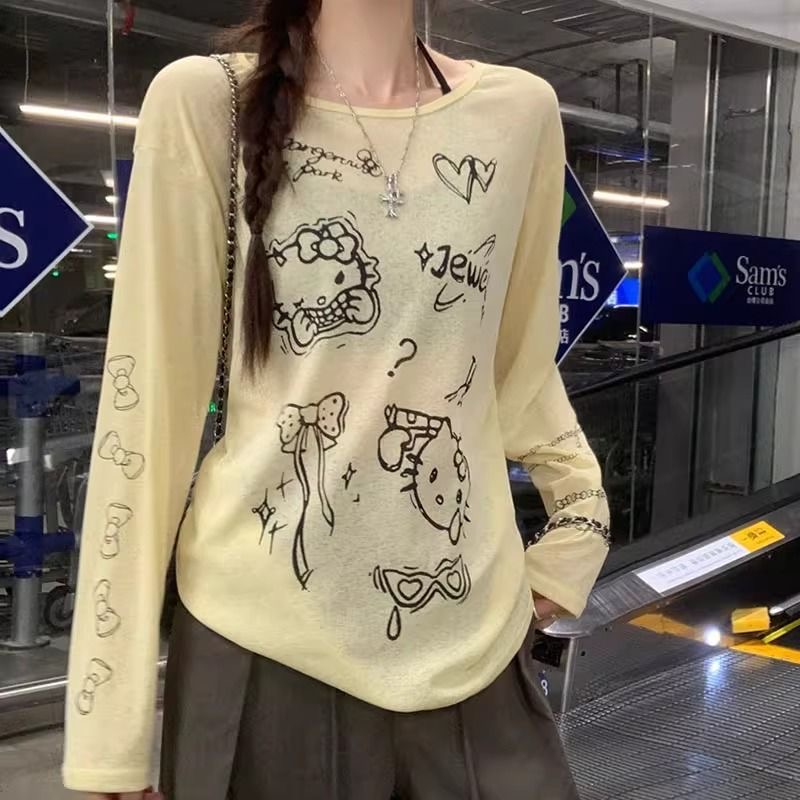 慵懒风圆领烫印长袖常规印花T恤银行内搭时尚【C区】3840/C23-2