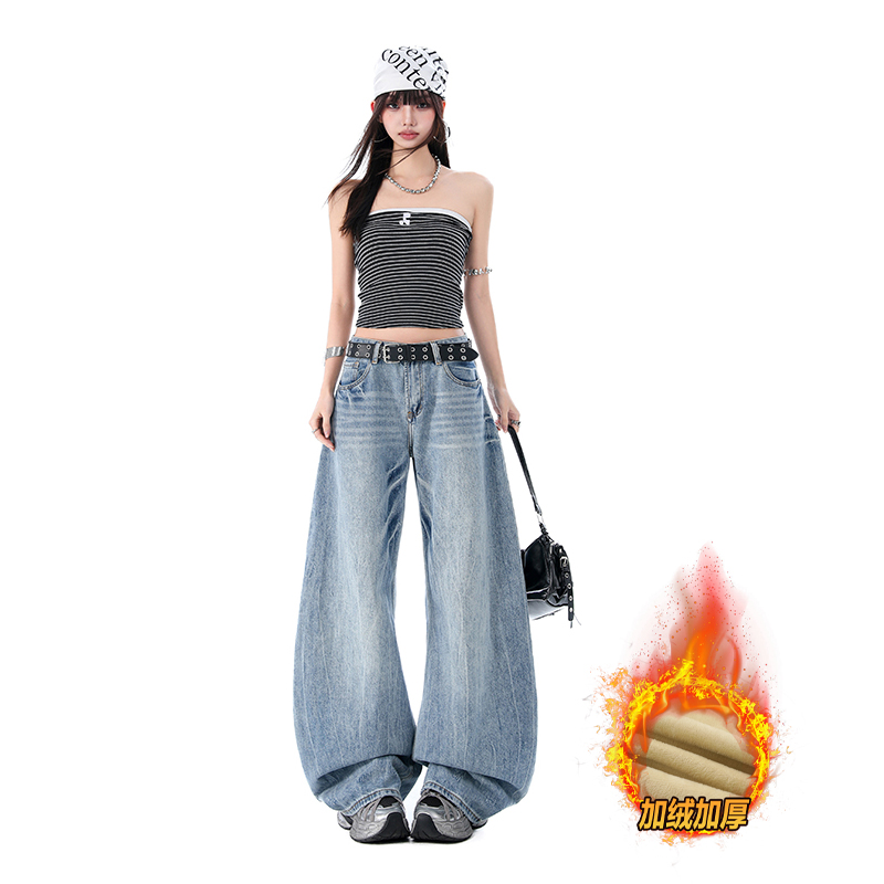 加绒加厚美式重工水洗弯刀牛仔裤女2025秋冬新款宽松阔腿牛仔裤女