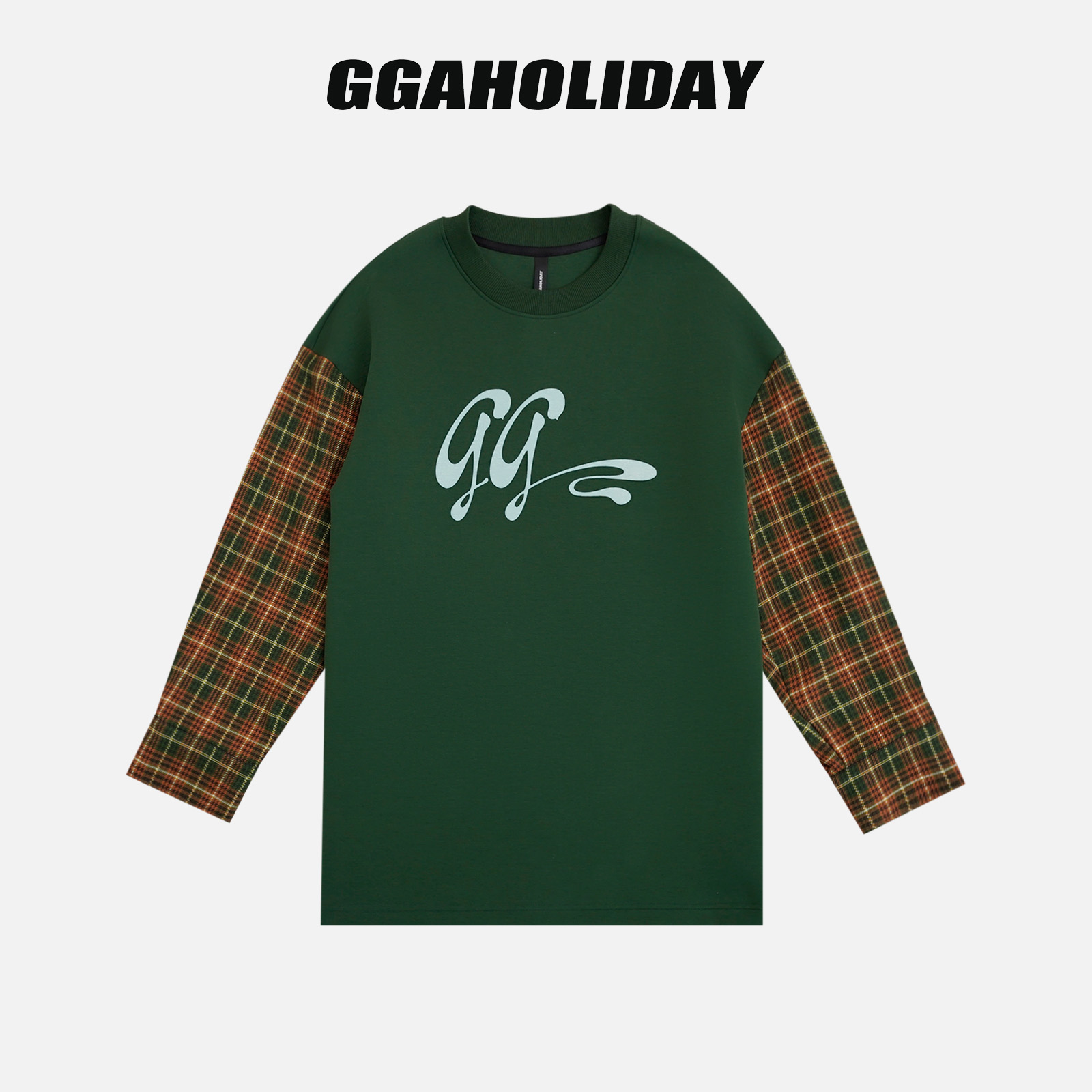 GGAHOLIDAY复古休闲宽松时尚潮流格子拼接撞色长袖卫衣-153125