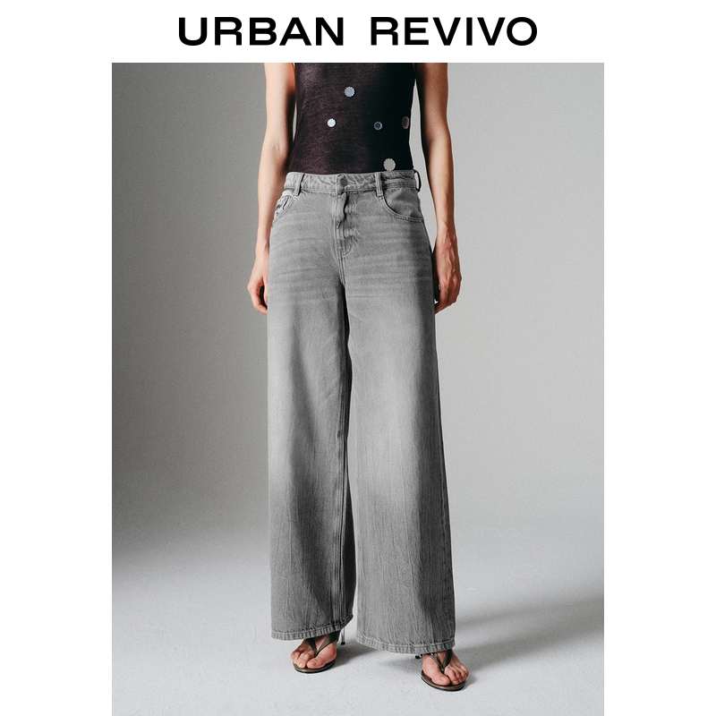 UR2025夏季新款女装复古休闲水洗猫须牛仔长裤UWJ850036